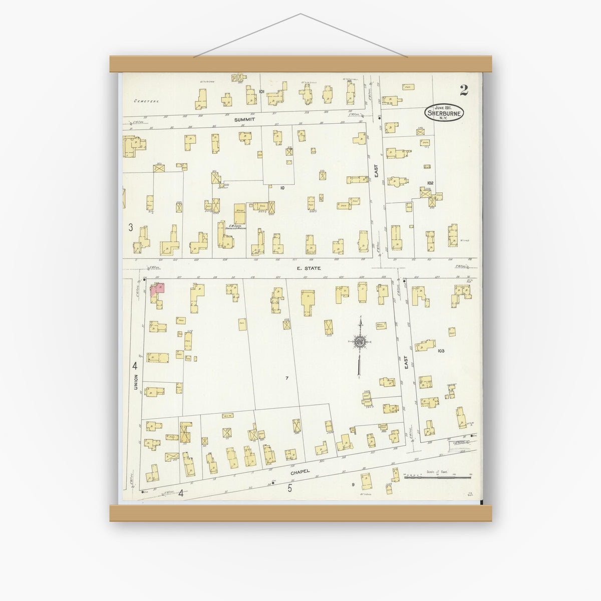 Old map wall art mockup — magnetic wood frame on white wall — Sanborn Fire Insurance Map from Sherburne, Chenango County, New York (1911), Sheet #0002