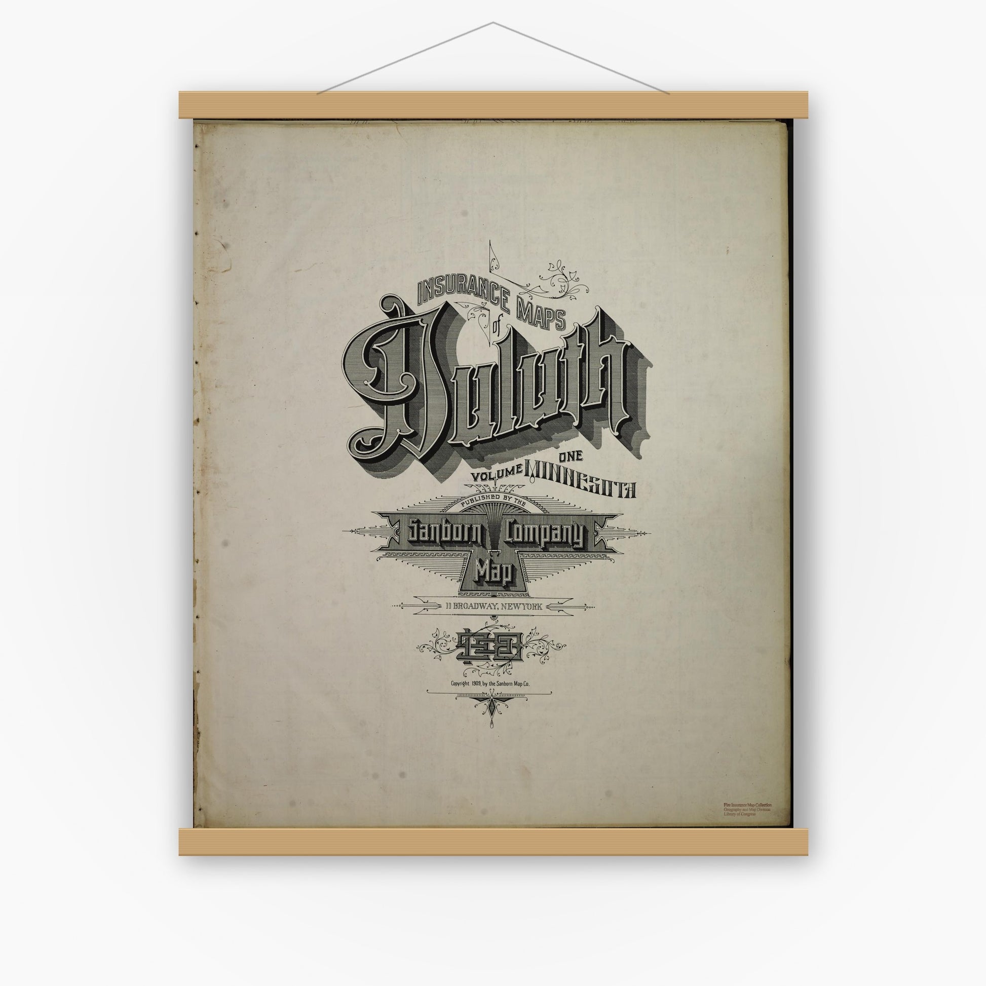 Old map wall art mockup — magnetic wood frame on white wall — Sanborn Fire Insurance Map from Duluth, Saint Louis County, Minnesota (1908), Sheet #0001