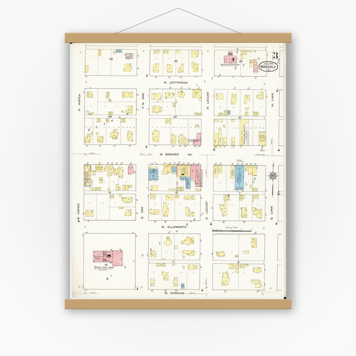 Old map wall art mockup — magnetic wood frame on white wall — Sanborn Fire Insurance Map from Waverly, Bremer County, Iowa (1915), Sheet #0003