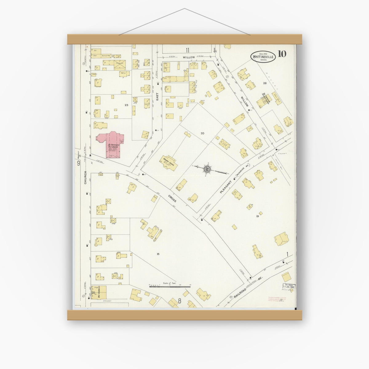 Old map wall art mockup — magnetic wood frame on white wall — Sanborn Fire Insurance Map from Whitinsville, Worcester County, Massachusetts (1910), Sheet #0010