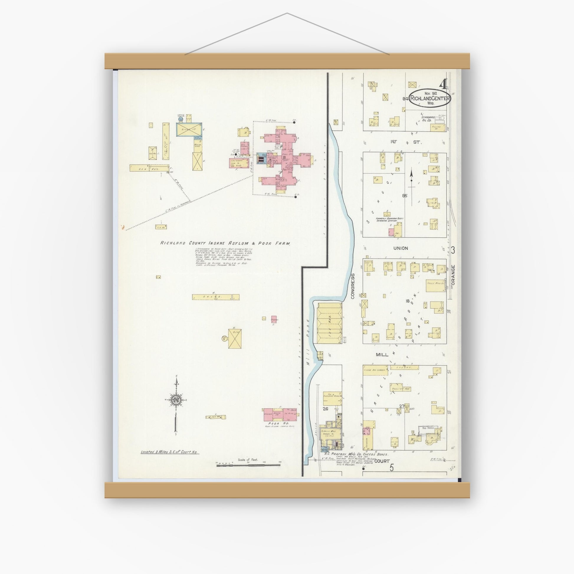 Old map wall art mockup — magnetic wood frame on white wall — Sanborn Fire Insurance Map from Richland Center, Richland County, Wisconsin (1912), Sheet #0004