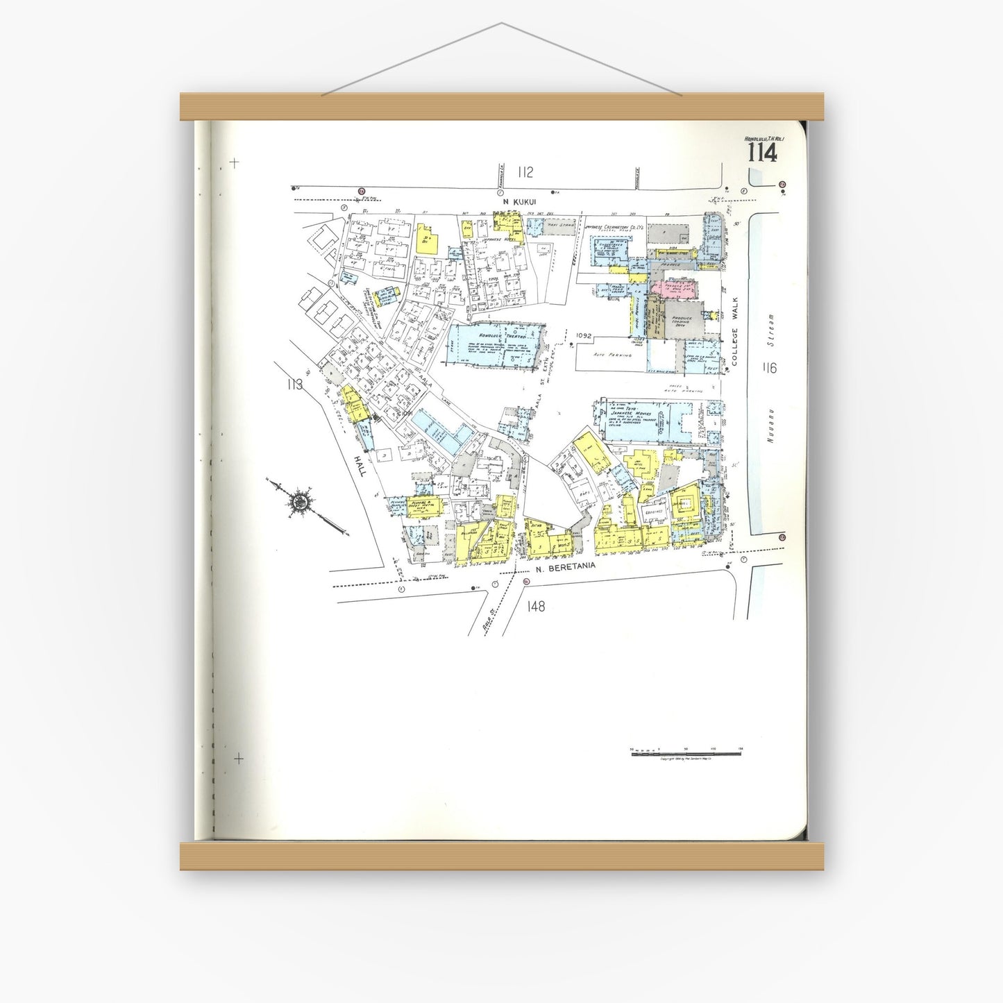 Old map wall art mockup — magnetic wood frame on white wall — Sanborn Fire Insurance Map from Honolulu, Oahu County, Hawaii (1955), Sheet #0114