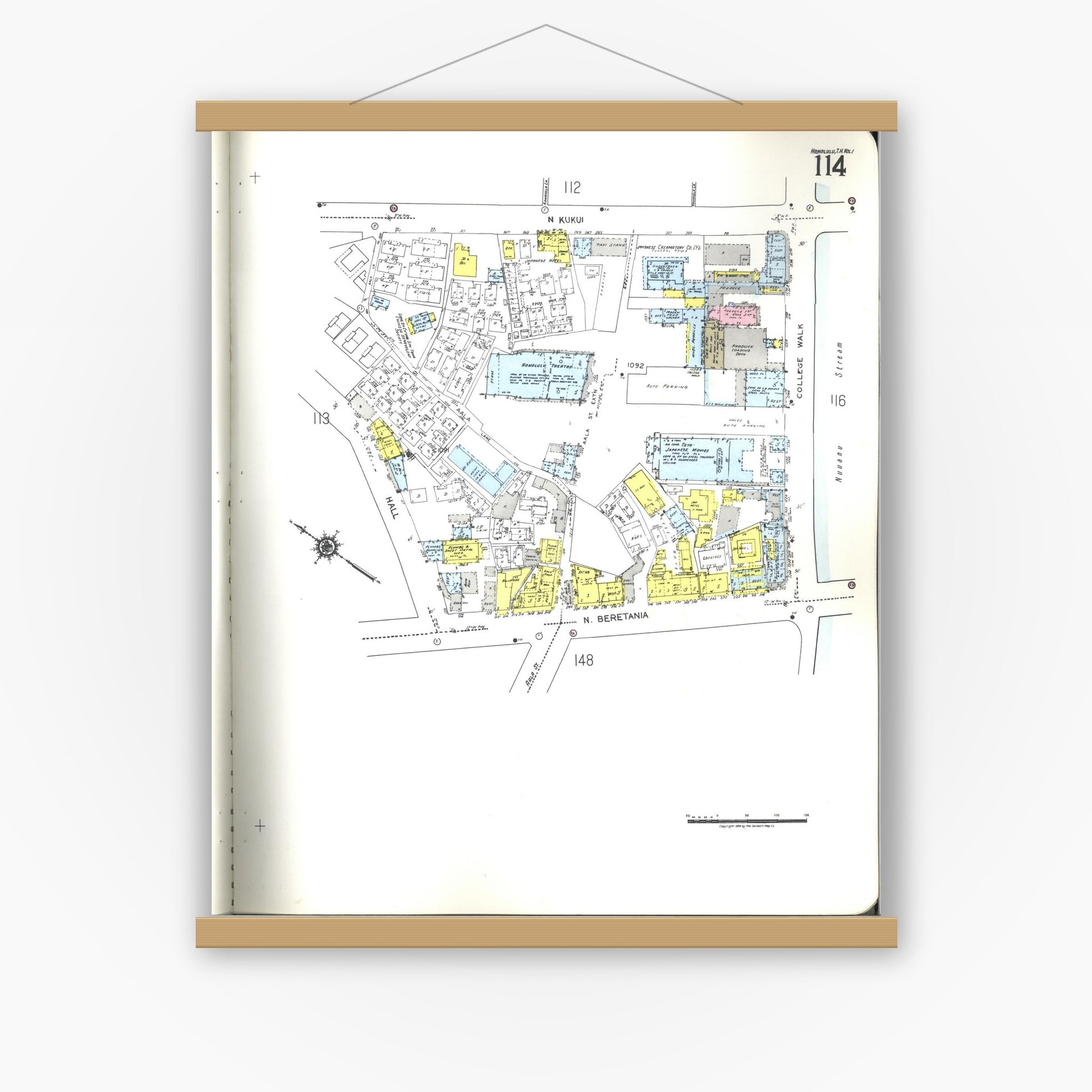 Old map wall art mockup — magnetic wood frame on white wall — Sanborn Fire Insurance Map from Honolulu, Oahu County, Hawaii (1955), Sheet #0114