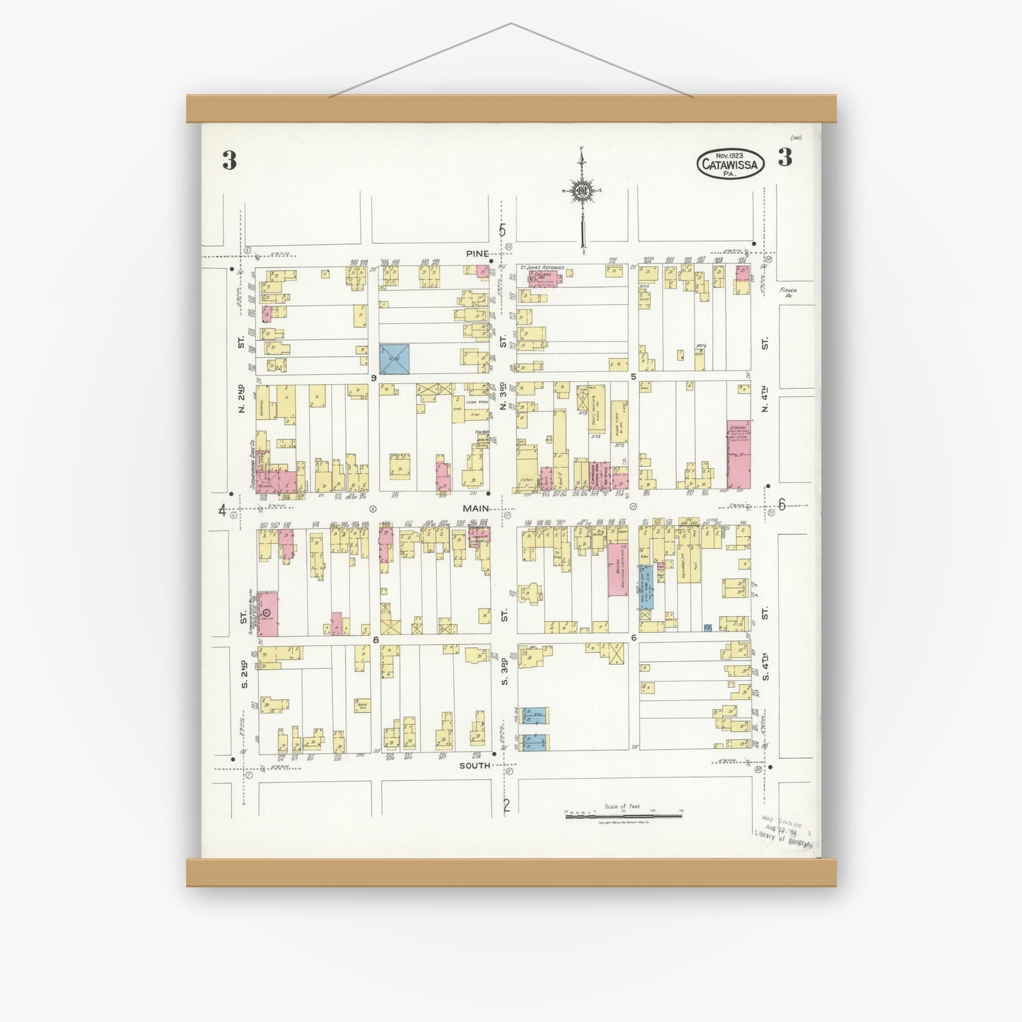 Old map wall art mockup — magnetic wood frame on white wall — Sanborn Fire Insurance Map from Catawissa, Columbia County, Pennsylvania (1923), Sheet #0003
