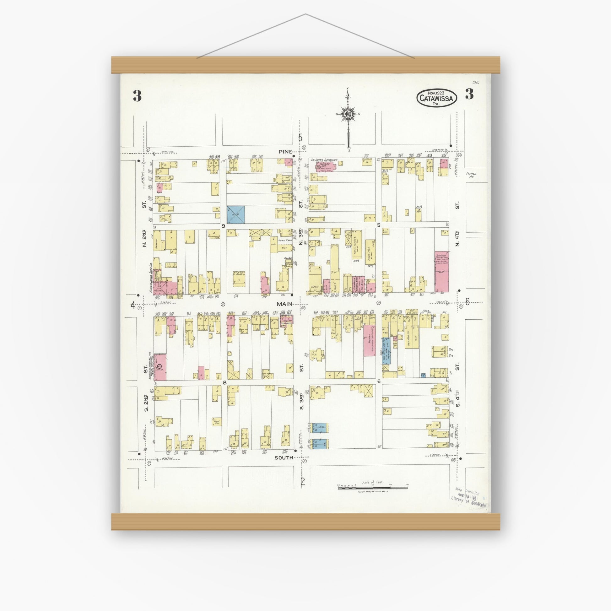 Old map wall art mockup — magnetic wood frame on white wall — Sanborn Fire Insurance Map from Catawissa, Columbia County, Pennsylvania (1923), Sheet #0003