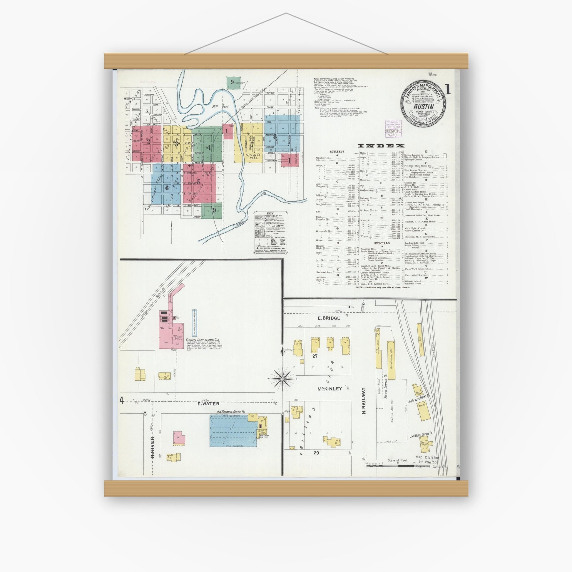 Old map wall art mockup — magnetic wood frame on white wall — Sanborn Fire Insurance Map from Austin, Mower County, Minnesota (1905) - Complete Map Set