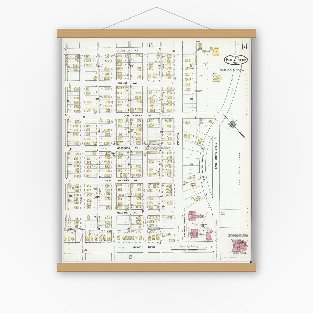 Old map wall art mockup — magnetic wood frame on white wall — Sanborn Fire Insurance Map from Port Arthur, Jefferson County, Texas (1918), Sheet #0014