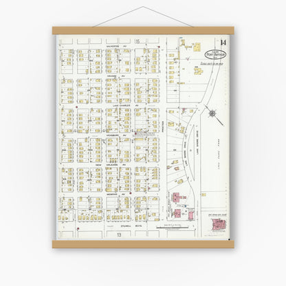 Old map wall art mockup — magnetic wood frame on white wall — Sanborn Fire Insurance Map from Port Arthur, Jefferson County, Texas (1918), Sheet #0014