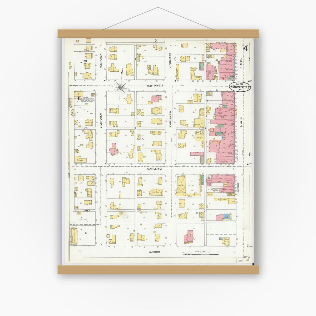 Old map wall art mockup — magnetic wood frame on white wall — Sanborn Fire Insurance Map from Kendallville, Noble County, Indiana (1904), Sheet #0004