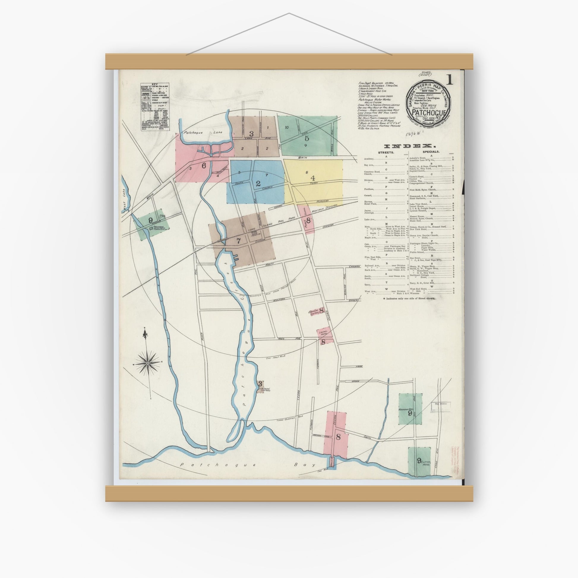 Old map wall art mockup — magnetic wood frame on white wall — Sanborn Fire Insurance Map from Patchogue, Suffolk County, New York (1891) - Complete Map Set