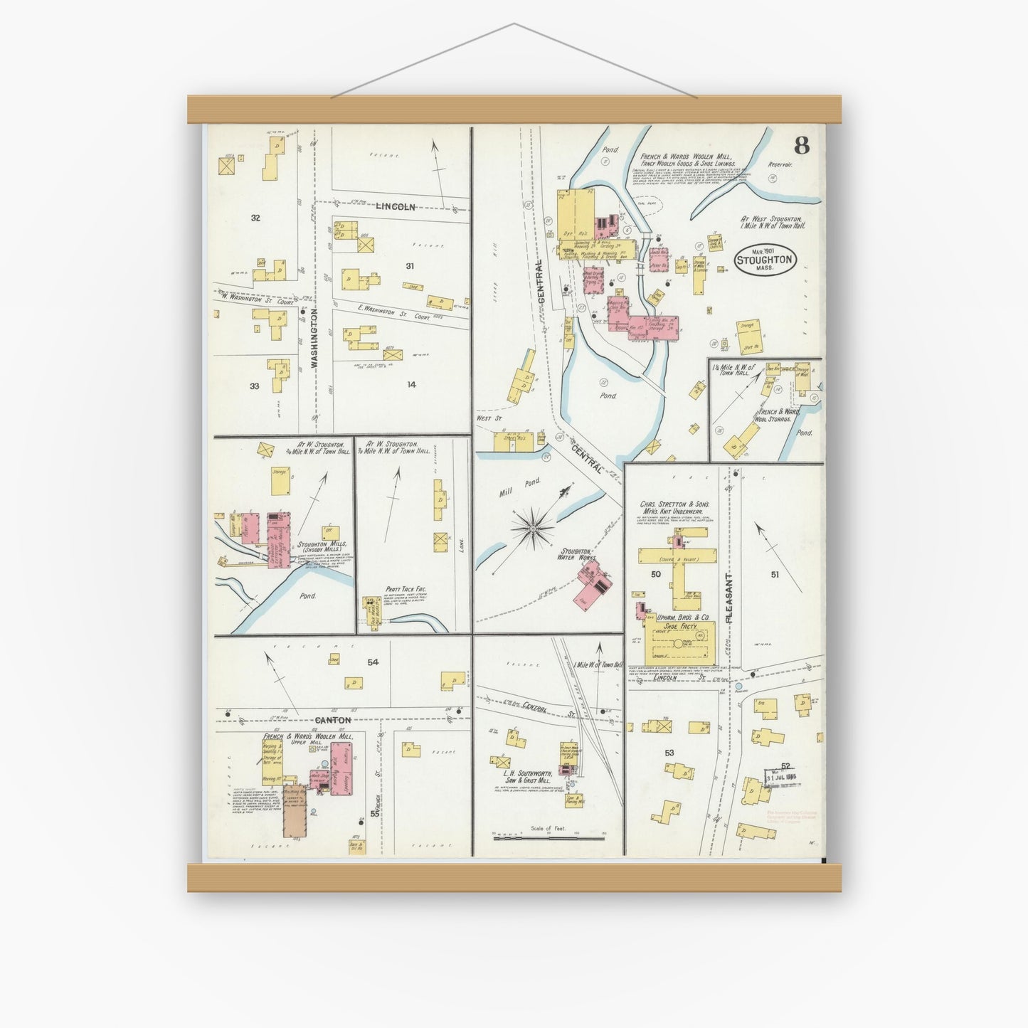 Old map wall art mockup — magnetic wood frame on white wall — Sanborn Fire Insurance Map from Stoughton, Norfolk County, Massachusetts (1901), Sheet #0008