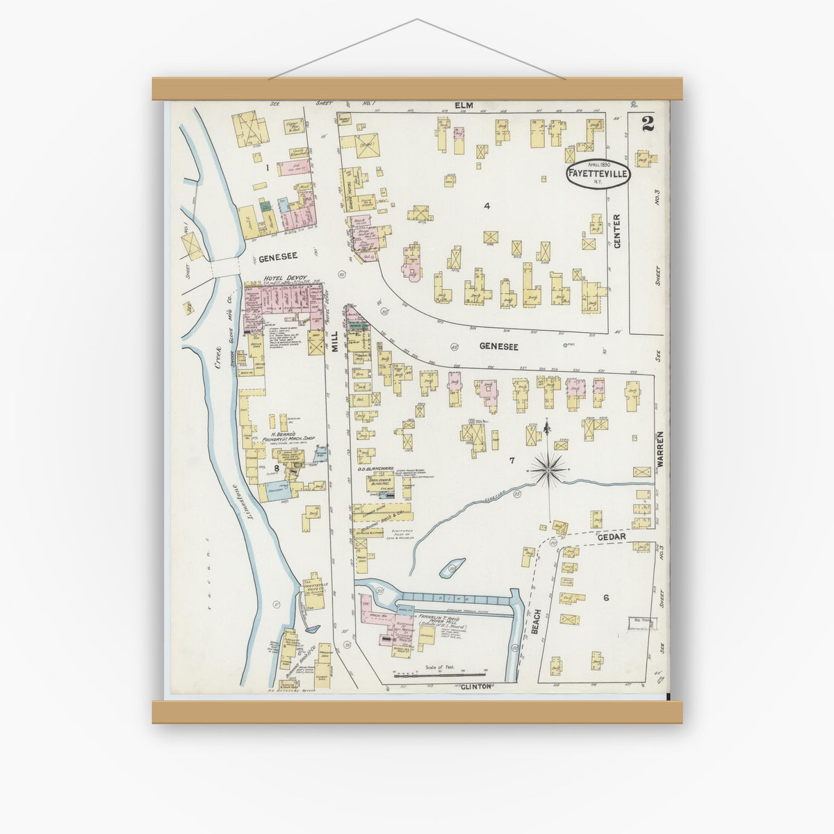 Old map wall art mockup — magnetic wood frame on white wall — Sanborn Fire Insurance Map from Fayetteville, Onondaga County, New York (1890), Sheet #0002