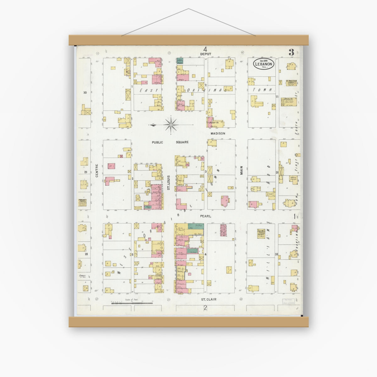 Old map wall art mockup — magnetic wood frame on white wall — Sanborn Fire Insurance Map from Lebanon, Saint Clair County, Illinois (1899), Sheet #0003
