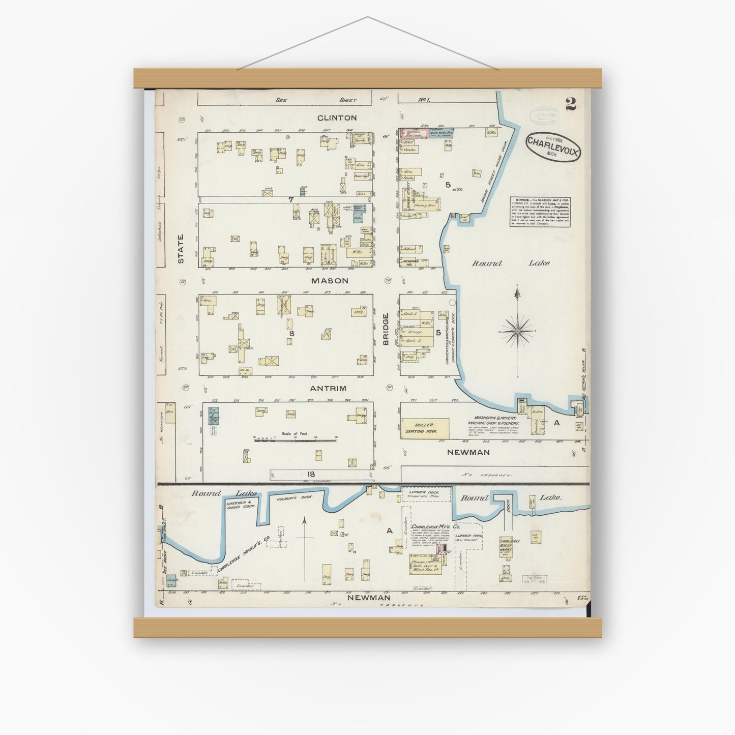 Old map wall art mockup — magnetic wood frame on white wall — Sanborn Fire Insurance Map from Charlevoix, Charlevoix County, Michigan (1884), Sheet #0002