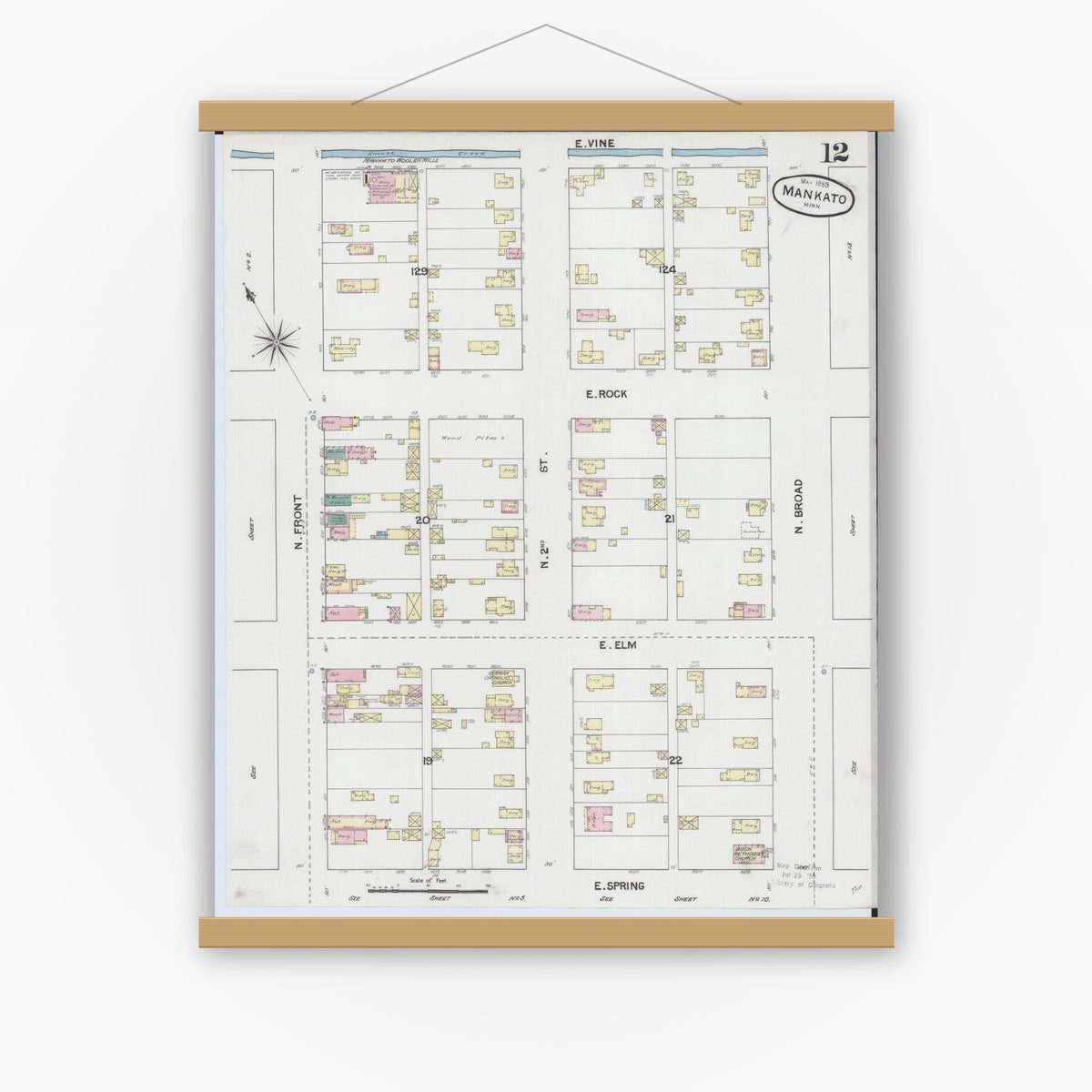 Old map wall art mockup — magnetic wood frame on white wall — Sanborn Fire Insurance Map from Mankato, Blue Earth County, Minnesota (1889), Sheet #0012