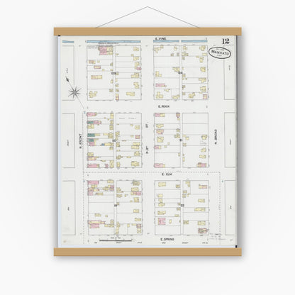 Old map wall art mockup — magnetic wood frame on white wall — Sanborn Fire Insurance Map from Mankato, Blue Earth County, Minnesota (1889), Sheet #0012