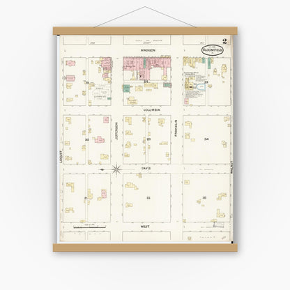 Old map wall art mockup — magnetic wood frame on white wall — Sanborn Fire Insurance Map from Bloomfield, Davis County, Iowa (1888), Sheet #0002