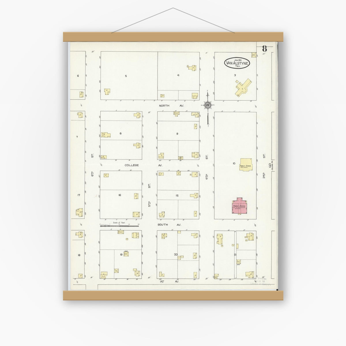 Old map wall art mockup — magnetic wood frame on white wall — Sanborn Fire Insurance Map from Van Alstyne, Grayson County, Texas (1914), Sheet #0008