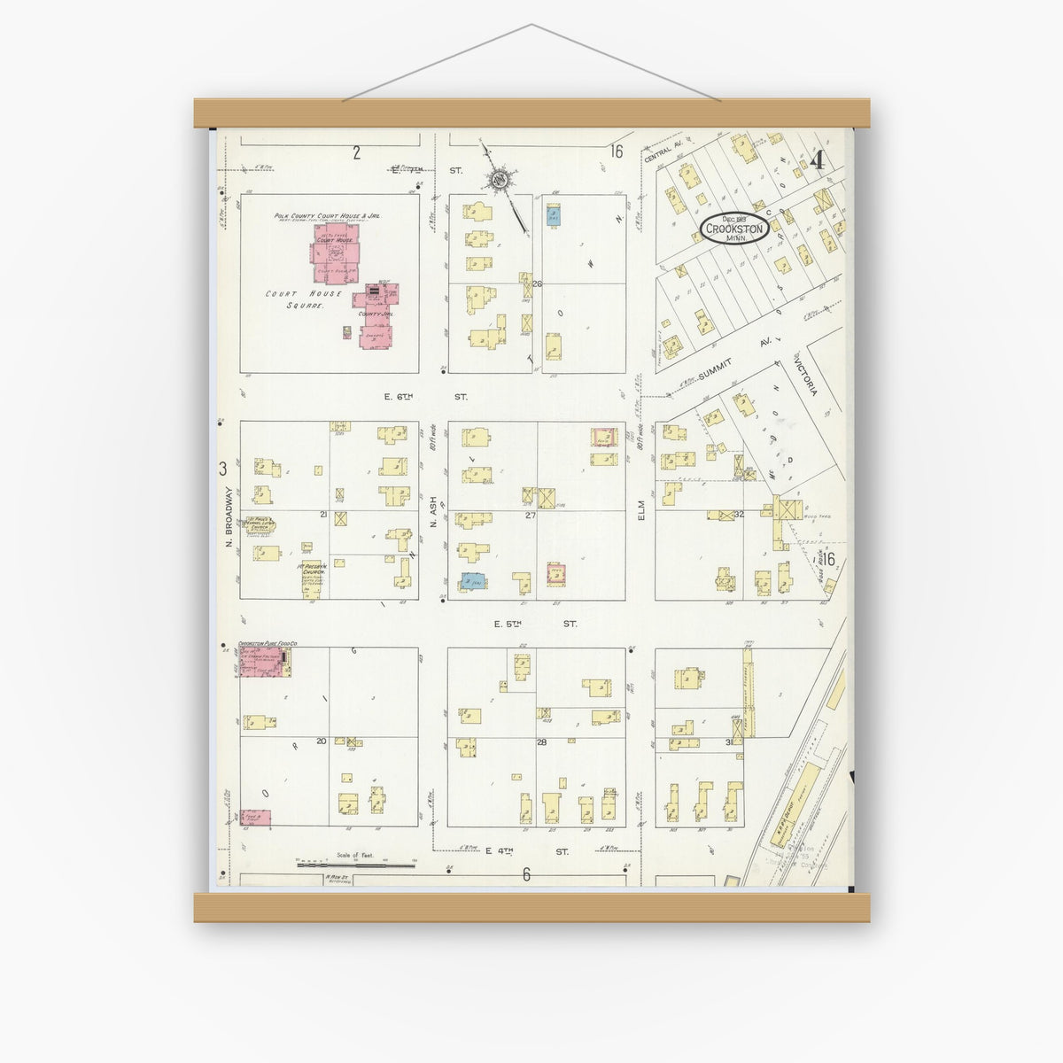 Old map wall art mockup — magnetic wood frame on white wall — Sanborn Fire Insurance Map from Crookston, Polk County, Minnesota (1913), Sheet #0004