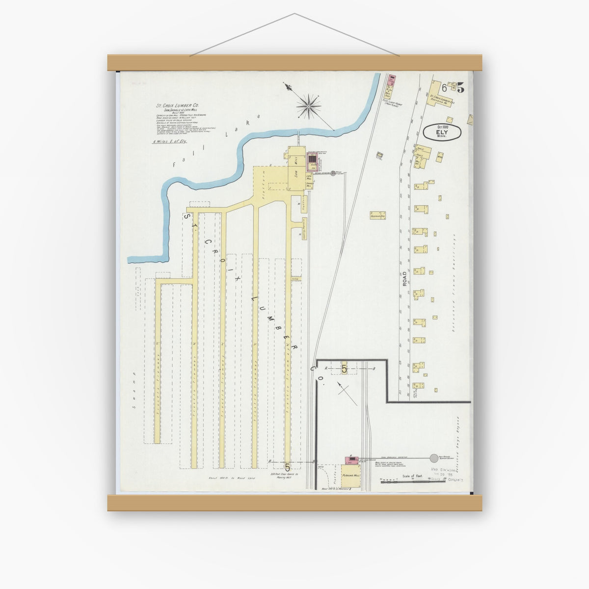 Old map wall art mockup — magnetic wood frame on white wall — Sanborn Fire Insurance Map from Ely, Saint Louis County, Minnesota (1900), Sheet #0005