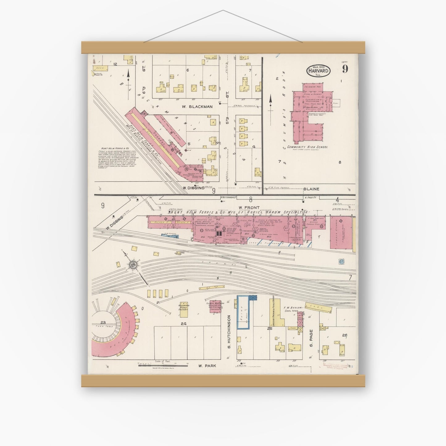 Old map wall art mockup — magnetic wood frame on white wall — Sanborn Fire Insurance Map from Harvard, McHenry County, Illinois (1922), Sheet #0009