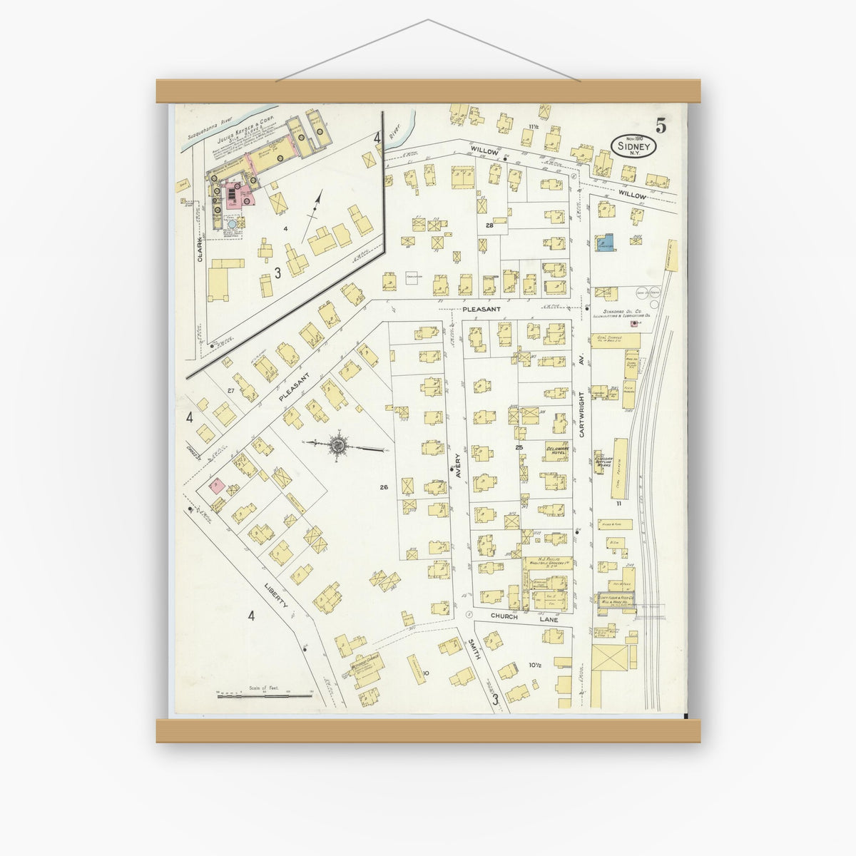 Old map wall art mockup — magnetic wood frame on white wall — Sanborn Fire Insurance Map from Sidney, Delaware County, New York (1910), Sheet #0005