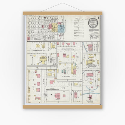 Old map wall art mockup — magnetic wood frame on white wall — Sanborn Fire Insurance Map from Shelbyville, Shelby County, Illinois (1893) - Complete Map Set