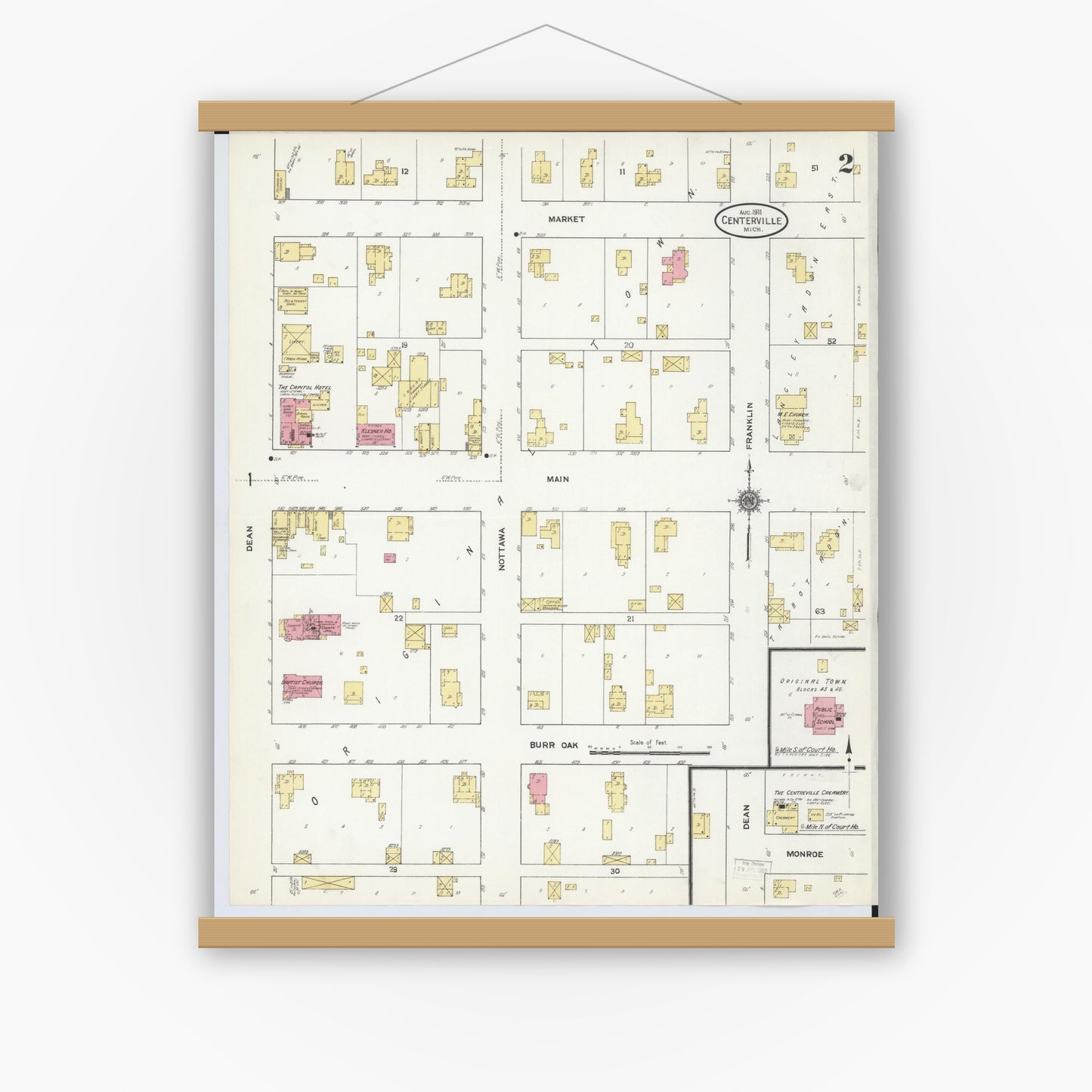 Old map wall art mockup — magnetic wood frame on white wall — Sanborn Fire Insurance Map from Centreville, Saint Joseph County, Michigan (1911), Sheet #0002
