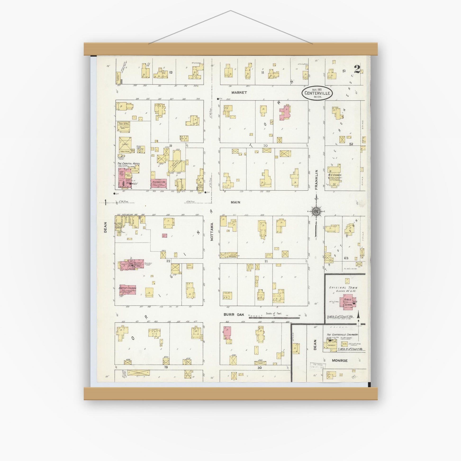 Old map wall art mockup — magnetic wood frame on white wall — Sanborn Fire Insurance Map from Centreville, Saint Joseph County, Michigan (1911), Sheet #0002