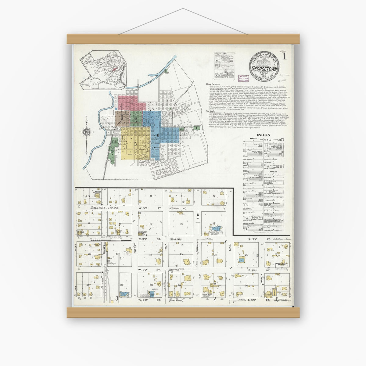 Old map wall art mockup — magnetic wood frame on white wall — Sanborn Fire Insurance Map from Georgetown, Williamson County, Texas (1916) - Complete Map Set