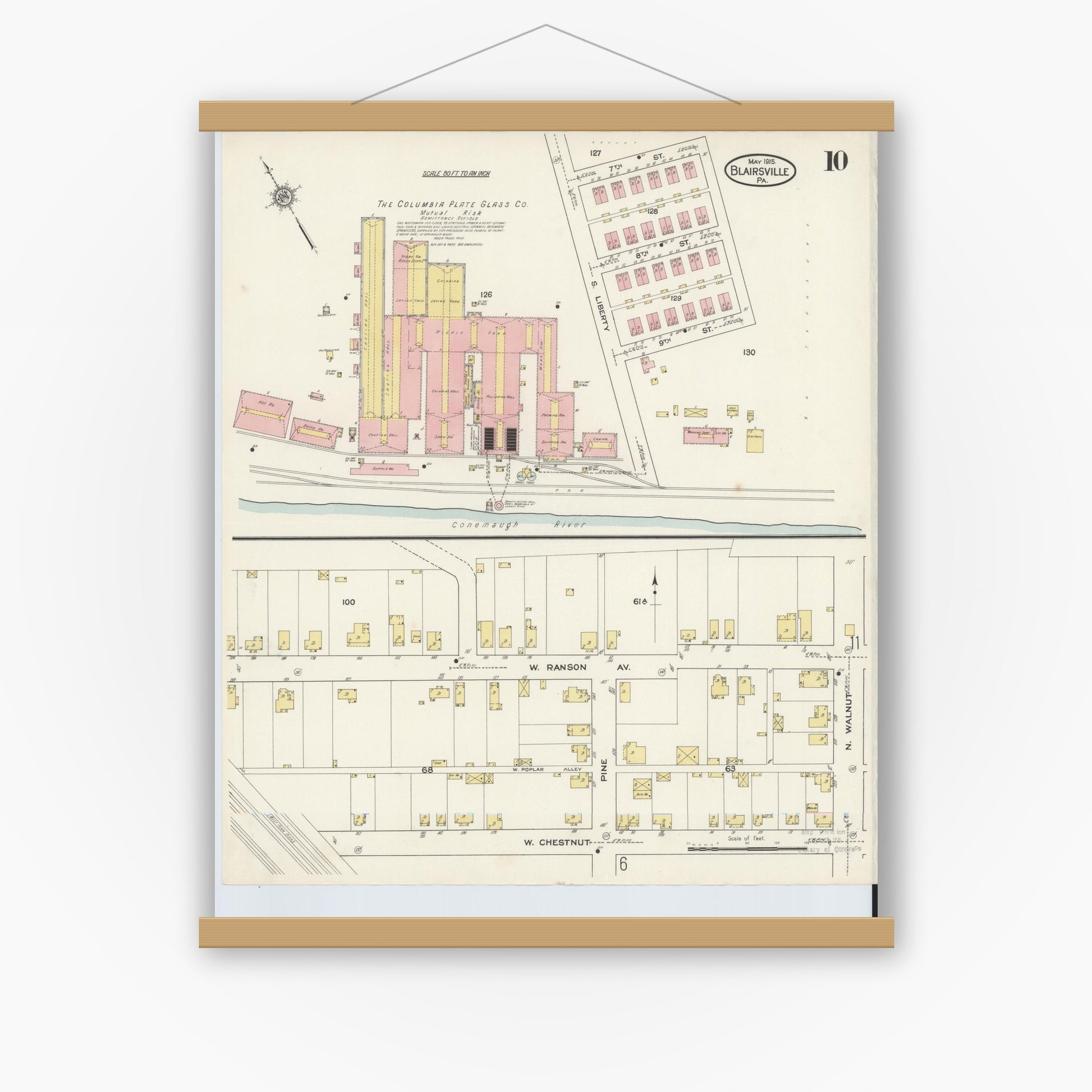 Old map wall art mockup — magnetic wood frame on white wall — Sanborn Fire Insurance Map from Blairsville, Indiana County, Pennsylvania (1915), Sheet #0010