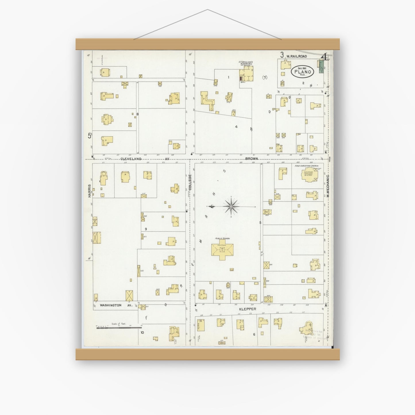 Old map wall art mockup — magnetic wood frame on white wall — Sanborn Fire Insurance Map from Plano, Collin County, Texas (1901), Sheet #0004