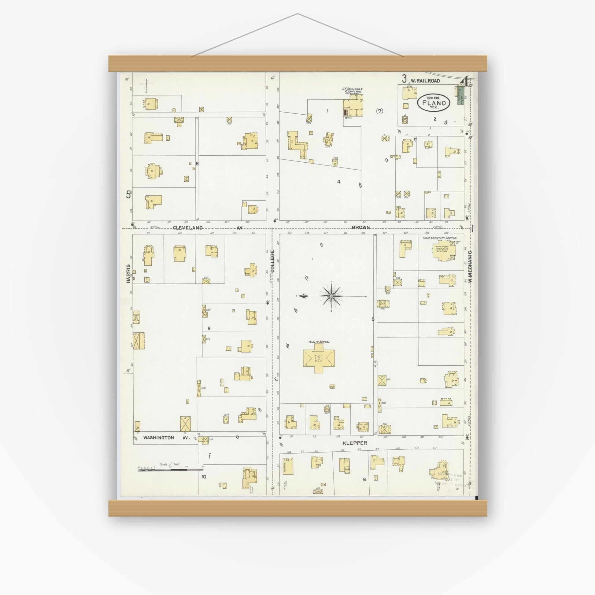 Old map wall art mockup — magnetic wood frame on white wall — Sanborn Fire Insurance Map from Plano, Collin County, Texas (1901), Sheet #0004