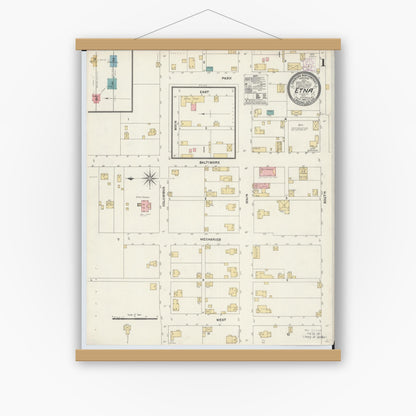 Old map wall art mockup — magnetic wood frame on white wall — Sanborn Fire Insurance Map from Etna, Luking County, Ohio (1905), Sheet #0001