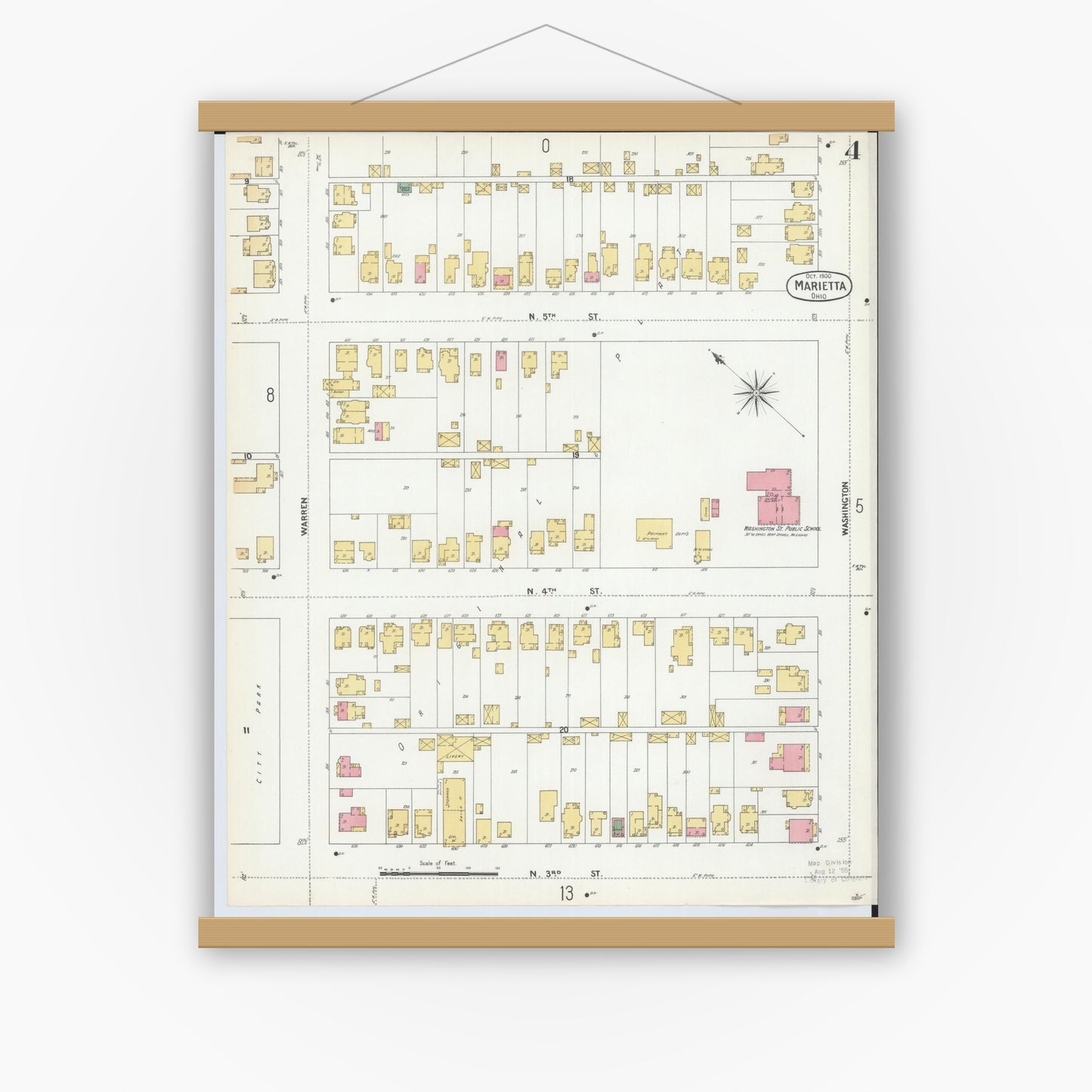 Old map wall art mockup — magnetic wood frame on white wall — Sanborn Fire Insurance Map from Marietta, Washington County, Ohio (1900), Sheet #0004