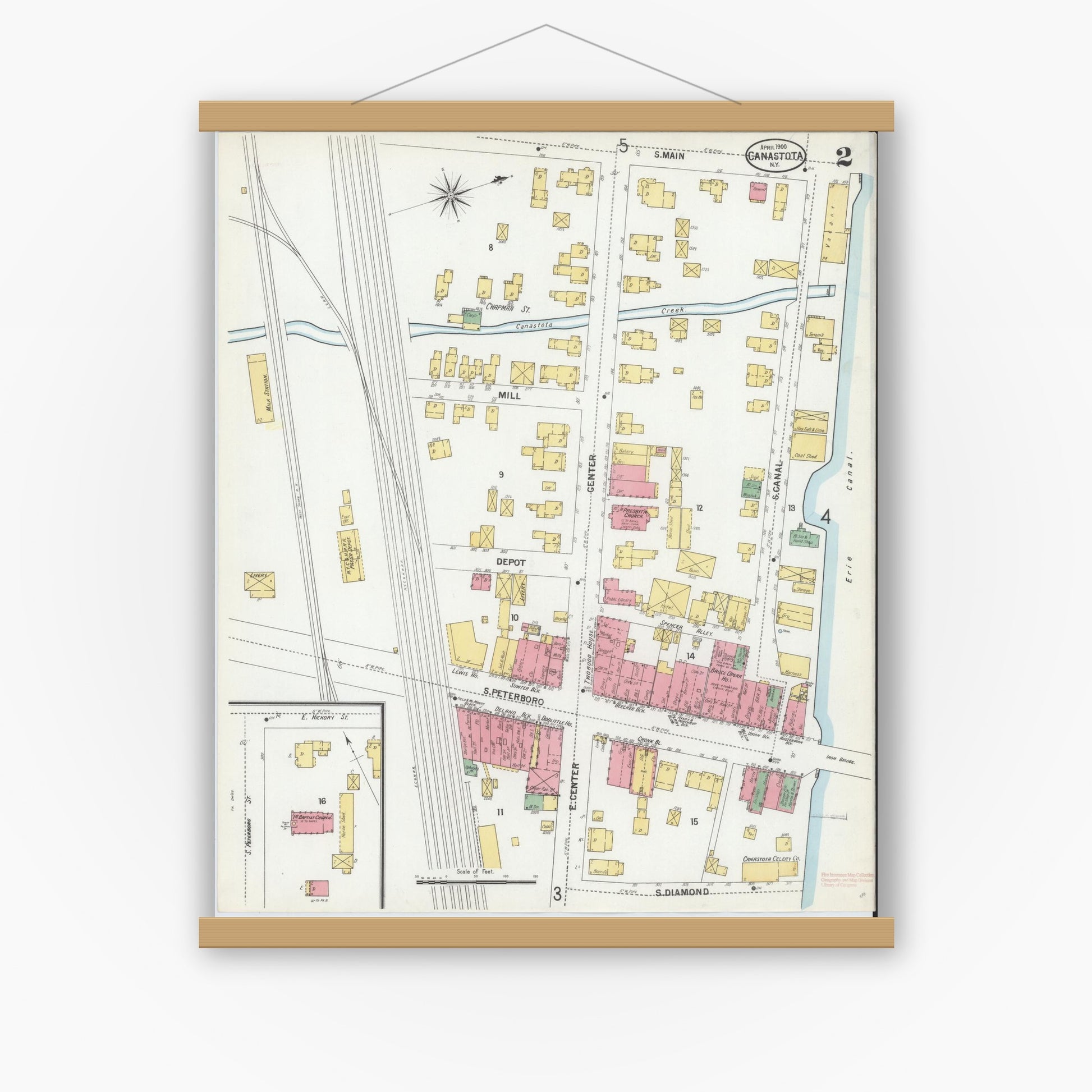 Old map wall art mockup — magnetic wood frame on white wall — Sanborn Fire Insurance Map from Canastota, Madison County, New York (1900), Sheet #0002