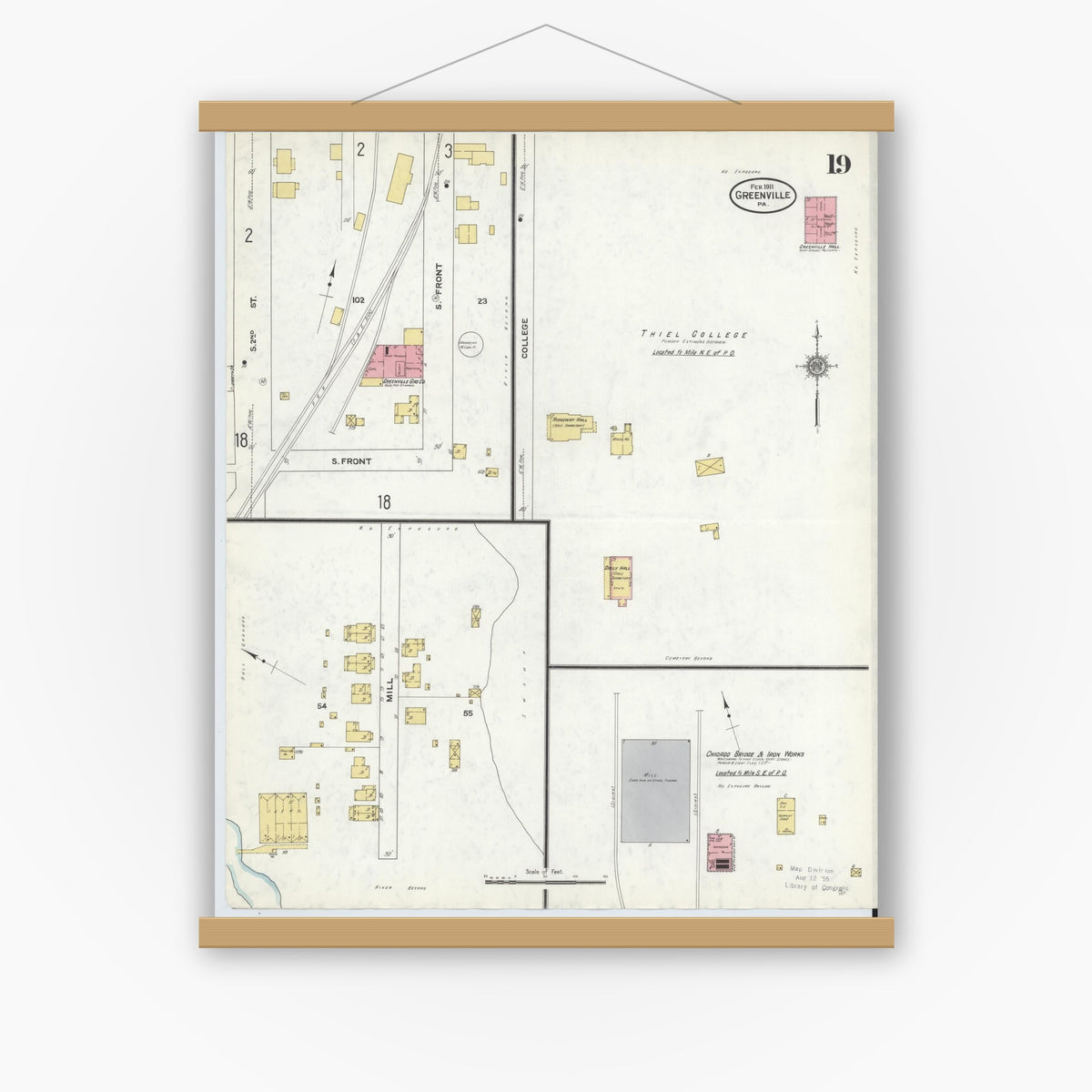 Old map wall art mockup — magnetic wood frame on white wall — Sanborn Fire Insurance Map from Greenville, Mercer County, Pennsylvania (1911), Sheet #0019