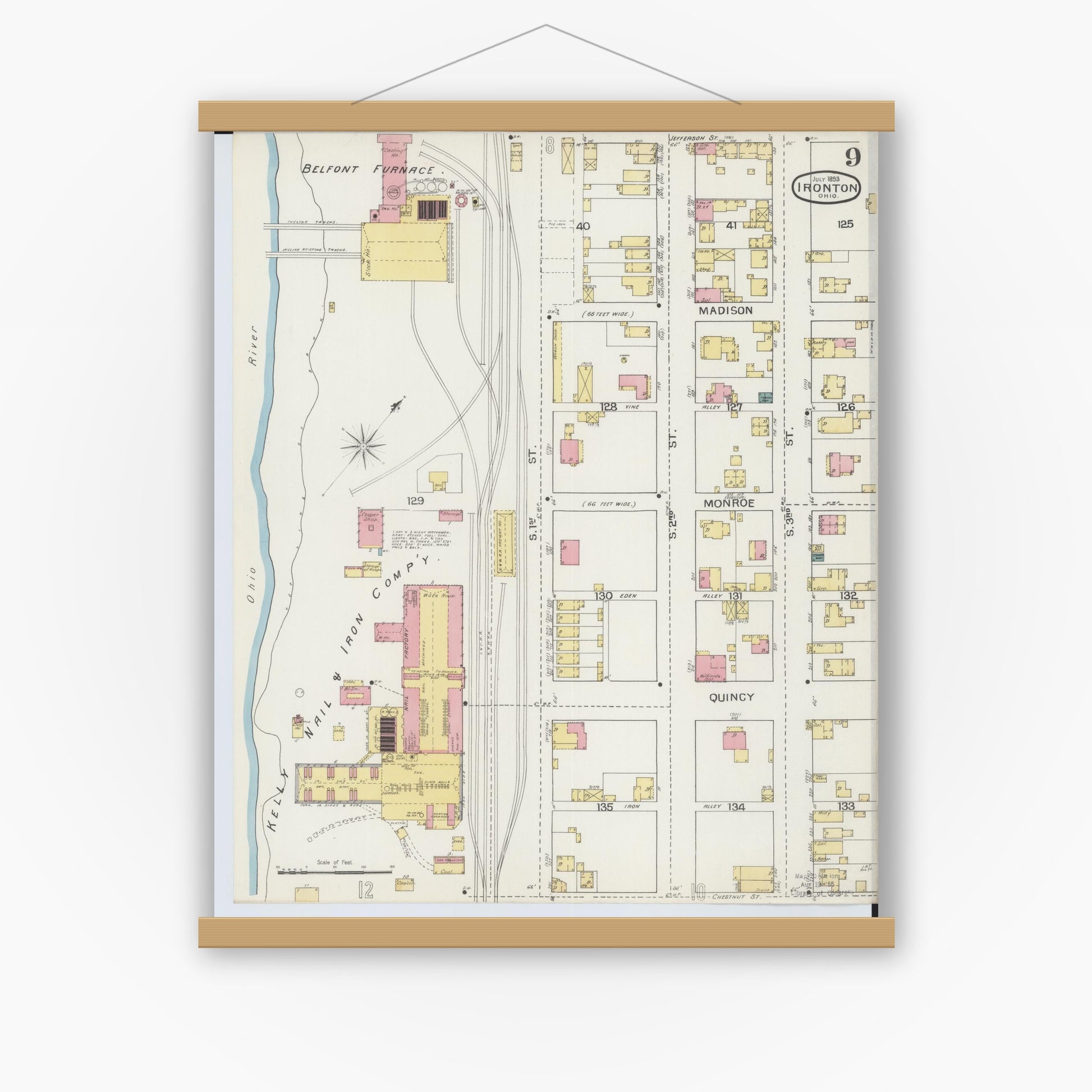 Old map wall art mockup — magnetic wood frame on white wall — Sanborn Fire Insurance Map from Ironton, Lawrence County, Ohio (1893), Sheet #0009