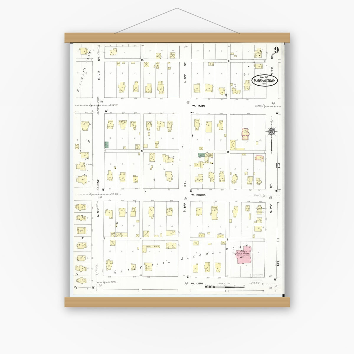 Old map wall art mockup — magnetic wood frame on white wall — Sanborn Fire Insurance Map from Marshalltown, Marshall County, Iowa (1910), Sheet #0009