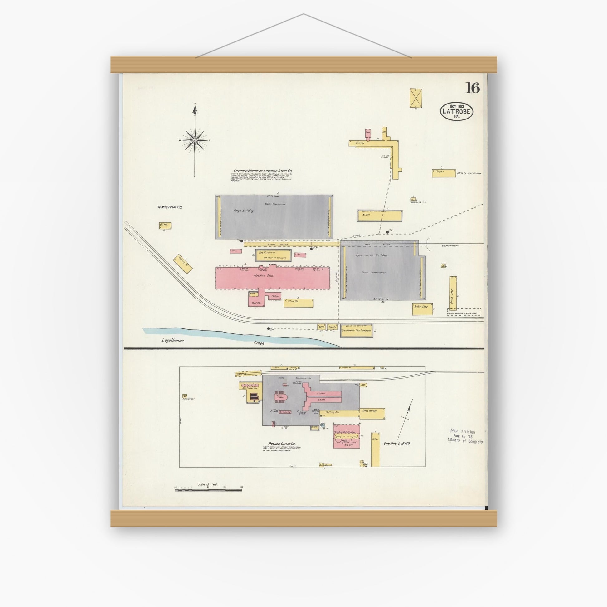 Old map wall art mockup — magnetic wood frame on white wall — Sanborn Fire Insurance Map from Latrobe, Westmoreland County, Pennsylvania (1903), Sheet #0016
