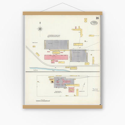 Old map wall art mockup — magnetic wood frame on white wall — Sanborn Fire Insurance Map from Latrobe, Westmoreland County, Pennsylvania (1903), Sheet #0016