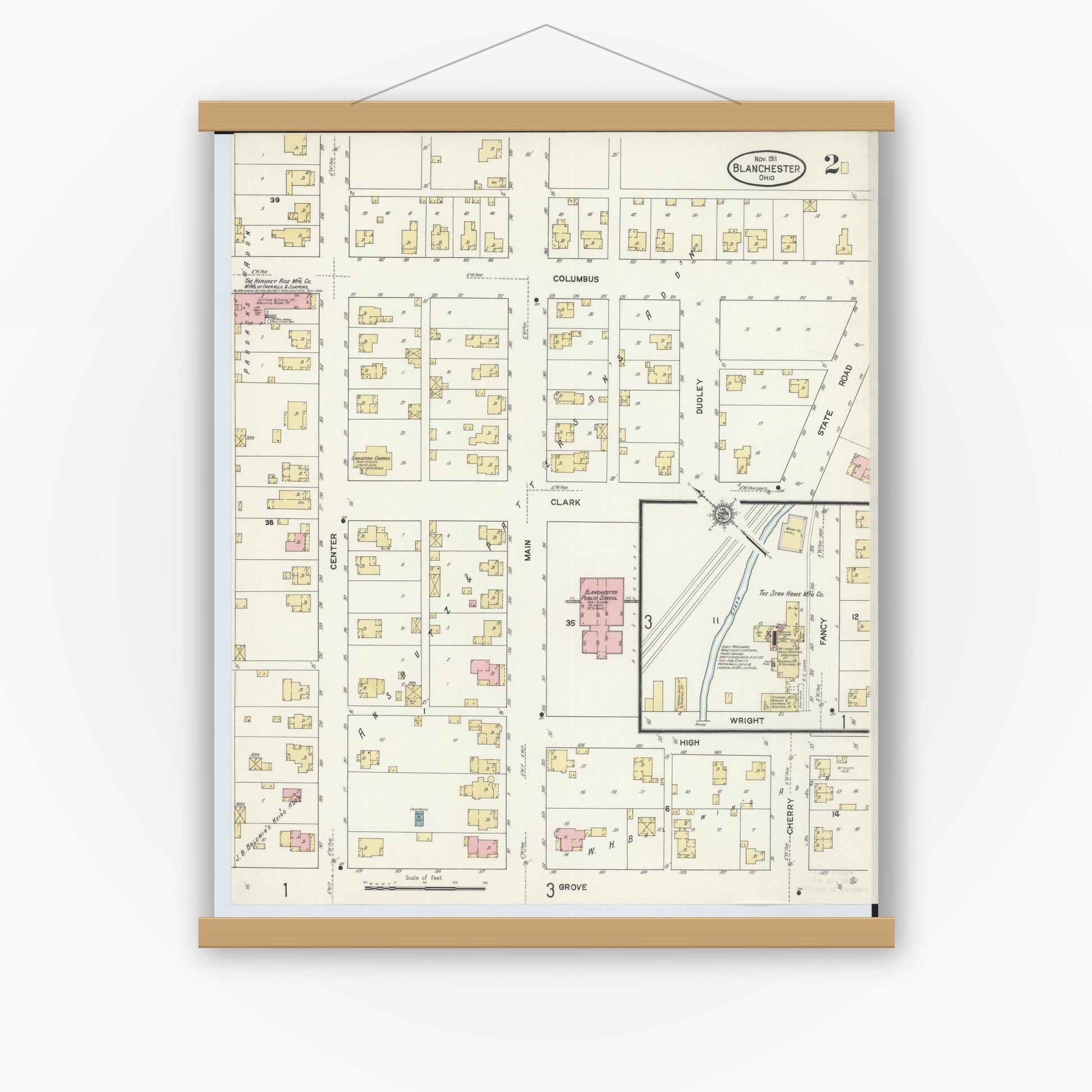 Old map wall art mockup — magnetic wood frame on white wall — Sanborn Fire Insurance Map from Blanchester, Clinton County, Ohio (1911), Sheet #0002
