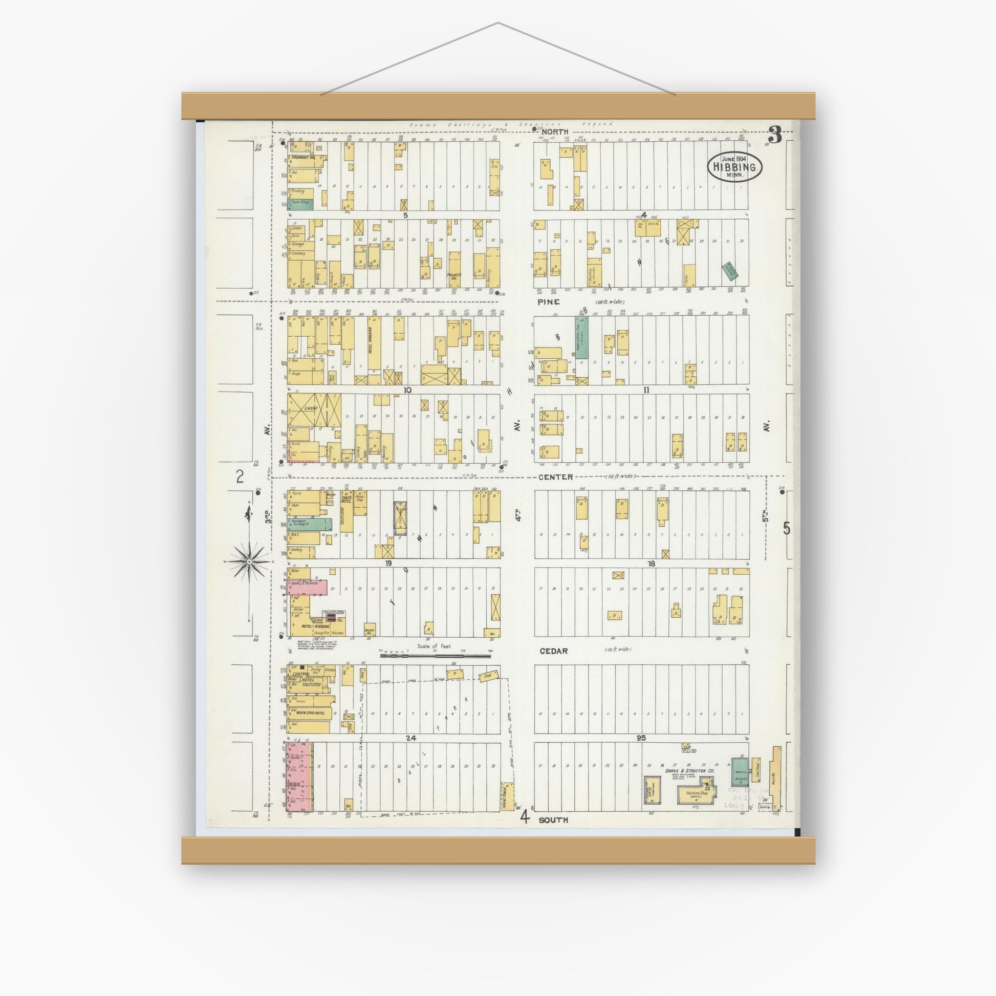 Old map wall art mockup — magnetic wood frame on white wall — Sanborn Fire Insurance Map from Hibbing, Saint Louis County, Minnesota (1904), Sheet #0003
