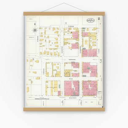 Old map wall art mockup — magnetic wood frame on white wall — Sanborn Fire Insurance Map from Gainesville, Cooke County, Texas (1908), Sheet #0002
