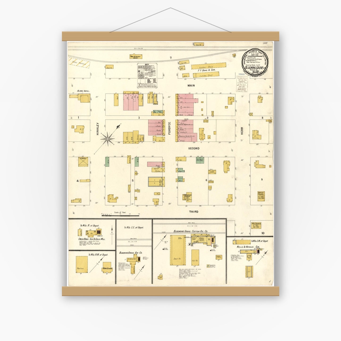 Old map wall art mockup — magnetic wood frame on white wall — Sanborn Fire Insurance Map from Blooming Grove, Navarro County, Texas (1900), Sheet #0001
