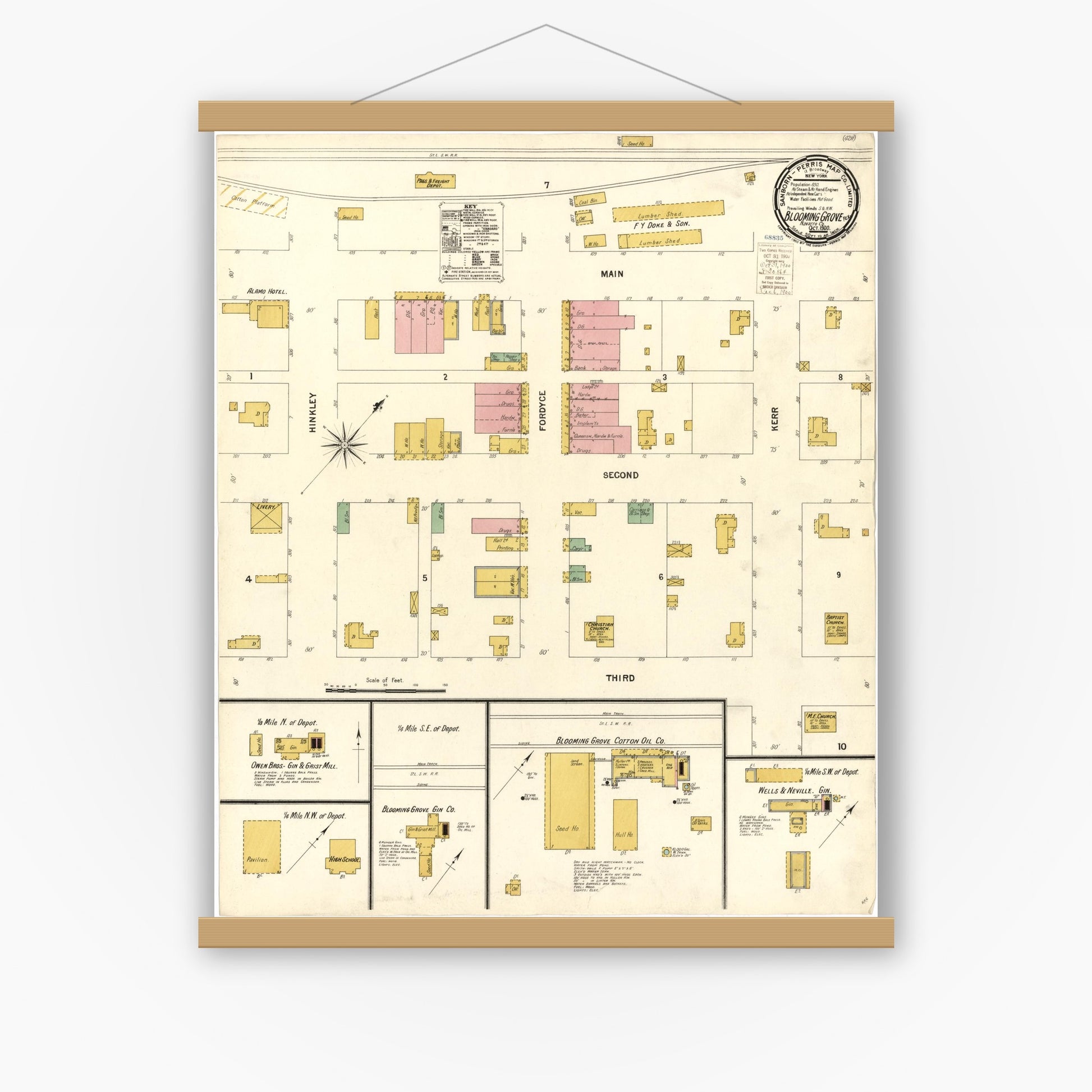 Old map wall art mockup — magnetic wood frame on white wall — Sanborn Fire Insurance Map from Blooming Grove, Navarro County, Texas (1900), Sheet #0001