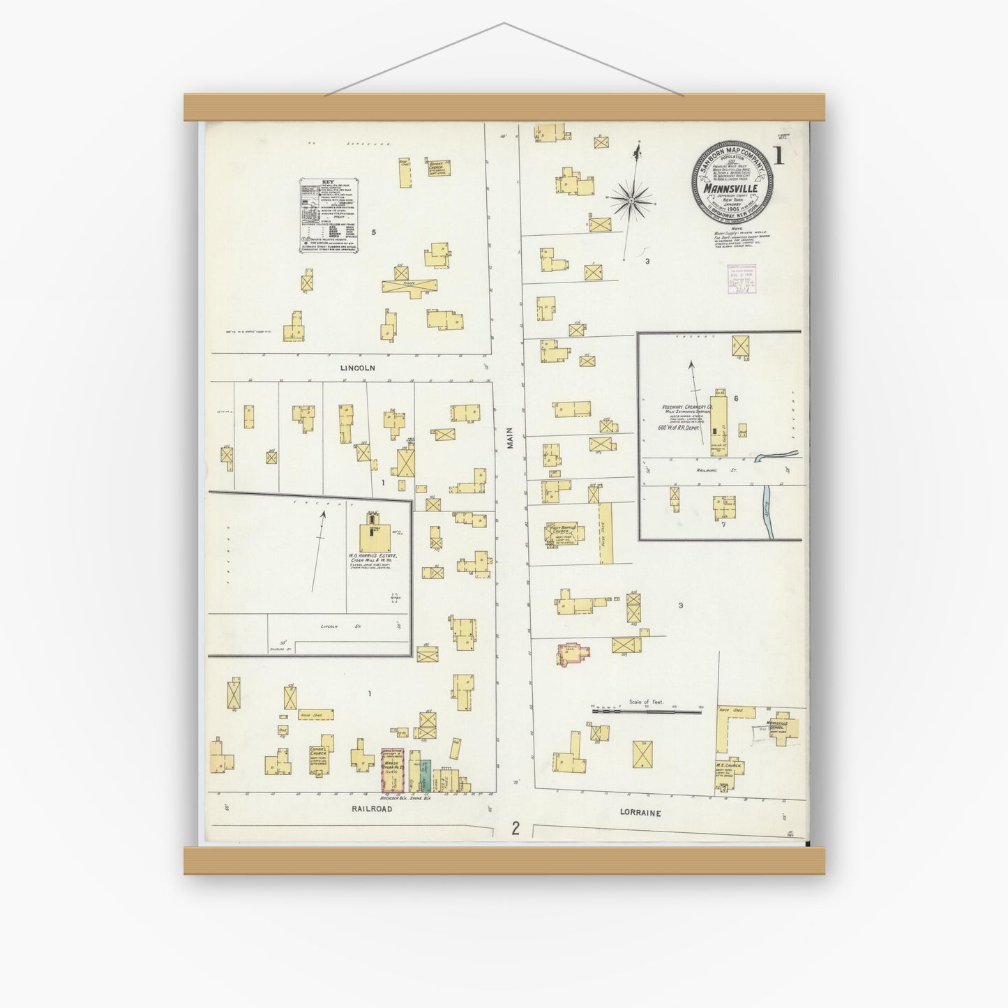 Old map wall art mockup — magnetic wood frame on white wall — Sanborn Fire Insurance Map from Mannsville, Jefferson County, New York (1906), Sheet #0001