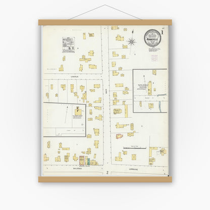 Old map wall art mockup — magnetic wood frame on white wall — Sanborn Fire Insurance Map from Mannsville, Jefferson County, New York (1906), Sheet #0001