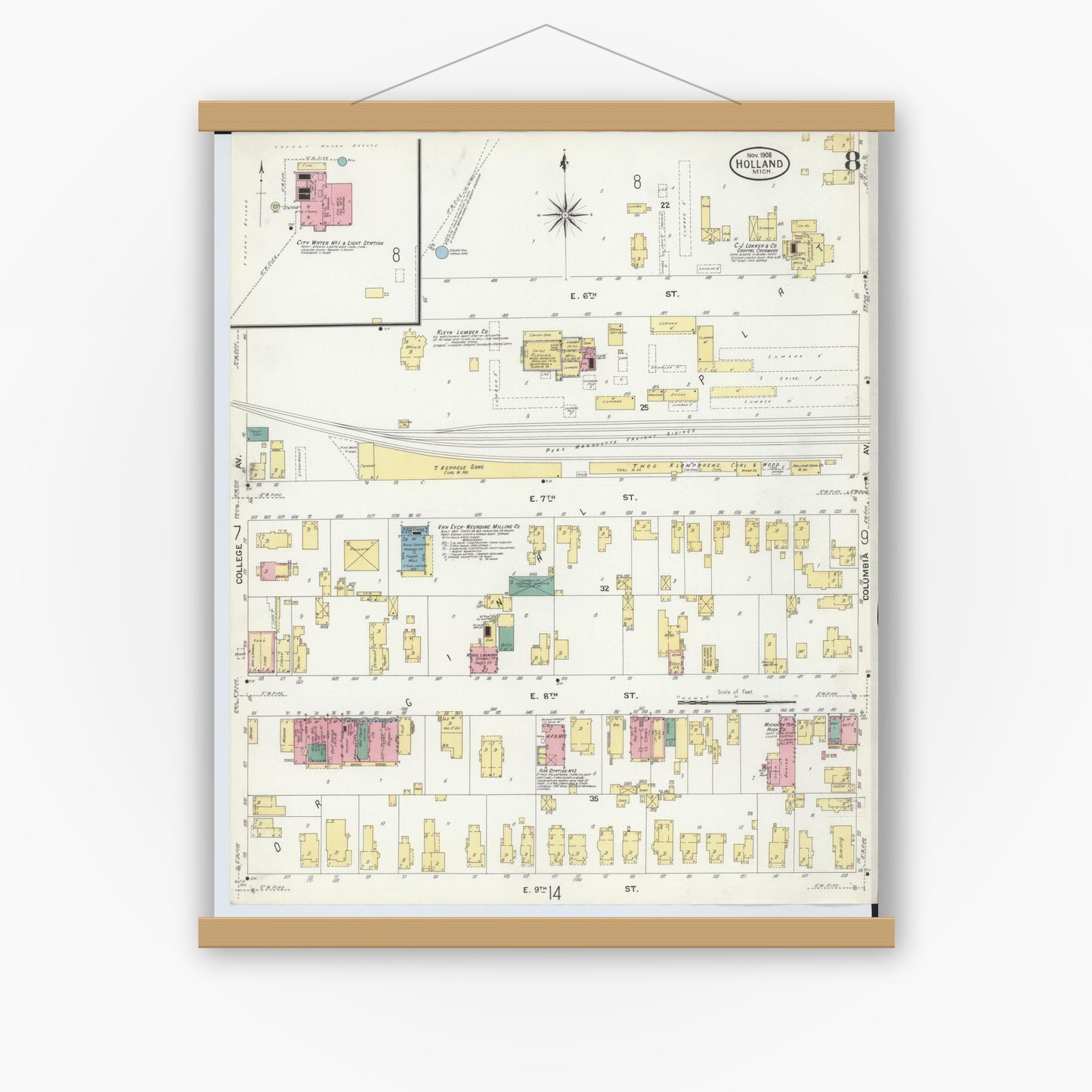Old map wall art mockup — magnetic wood frame on white wall — Sanborn Fire Insurance Map from Holland, Ottawa County, Michigan (1908), Sheet #0008
