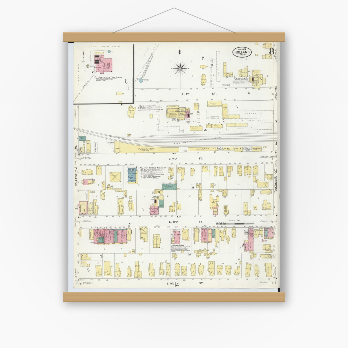Old map wall art mockup — magnetic wood frame on white wall — Sanborn Fire Insurance Map from Holland, Ottawa County, Michigan (1908), Sheet #0008